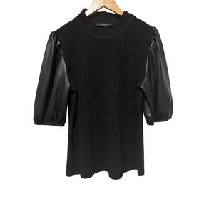 Marc New York Andrew Marc Black Ribbed Mock Neck Faux Leather Puff Sleeve Top L